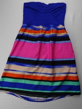 Roxy Strapless Mini Dress Vintage Ocean Beach Summer Boho Sun Dress Blue Pink S